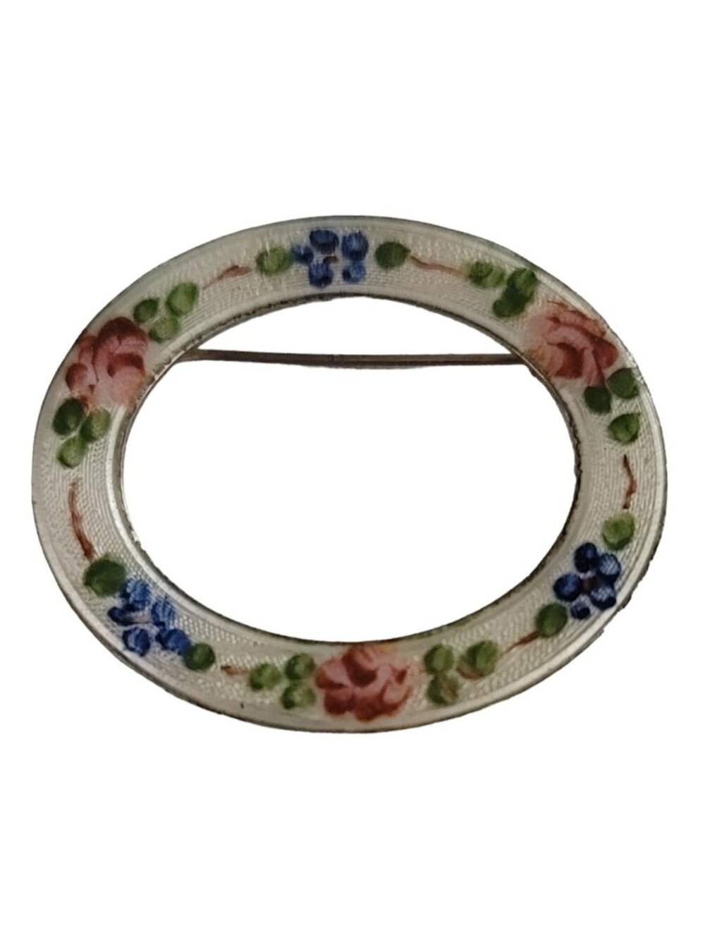 Lamode Sterling Silver Green Enamel Guilloche Open Oval Pin Brooch, Signed K932